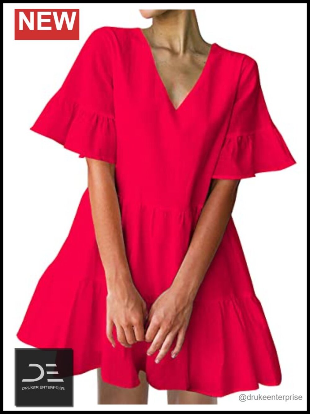 V Neck Shift Mini Dress with Pockets Bell Sleeve Ruffle Hem Swing Tunic